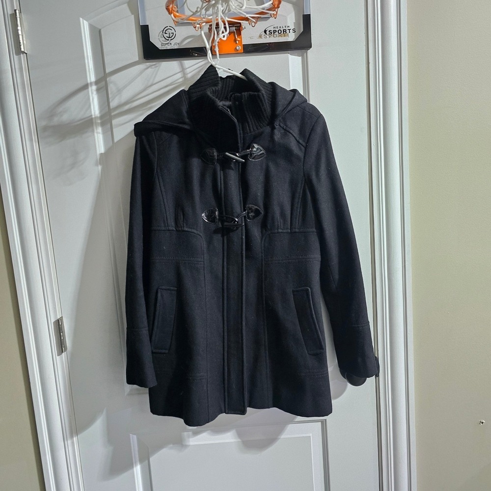 Guess Toggle Hooded Coat Women Large Black Wool Blend Ribbed Collar Jacket